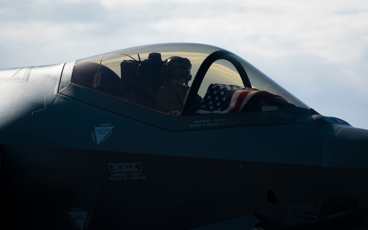 A pilot, in a formation of 42 F-35A Lightning II’s from the 354th Fighter Wing, taxis on the flightline during a routine readiness exercise at Eielson Air Force Base, Alaska, March 25, 2022. The capabilities demonstration represents the culmination of the dedicated efforts of the 354th FW, with each Airman providing vital contributions to ensure Eielson AFB is ready to deliver airpower anytime, anywhere. (U.S. Air Force photo by Airman 1st Class Elizabeth Schoubroek)