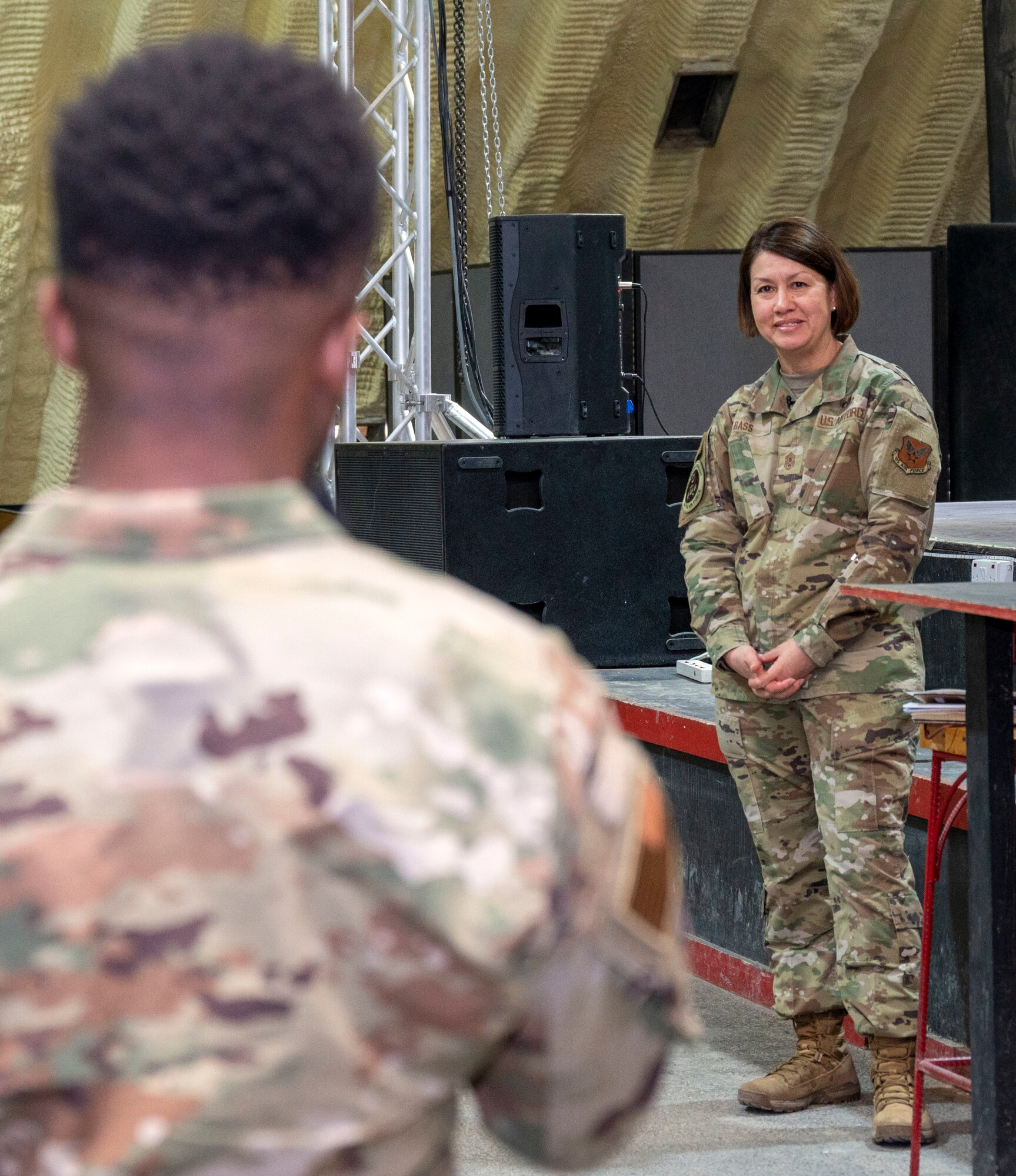 CMSAF Bass visits the 332d Air Expeditionary Wing at an undisclosed location in Southwest Asia, March 23, 2022.