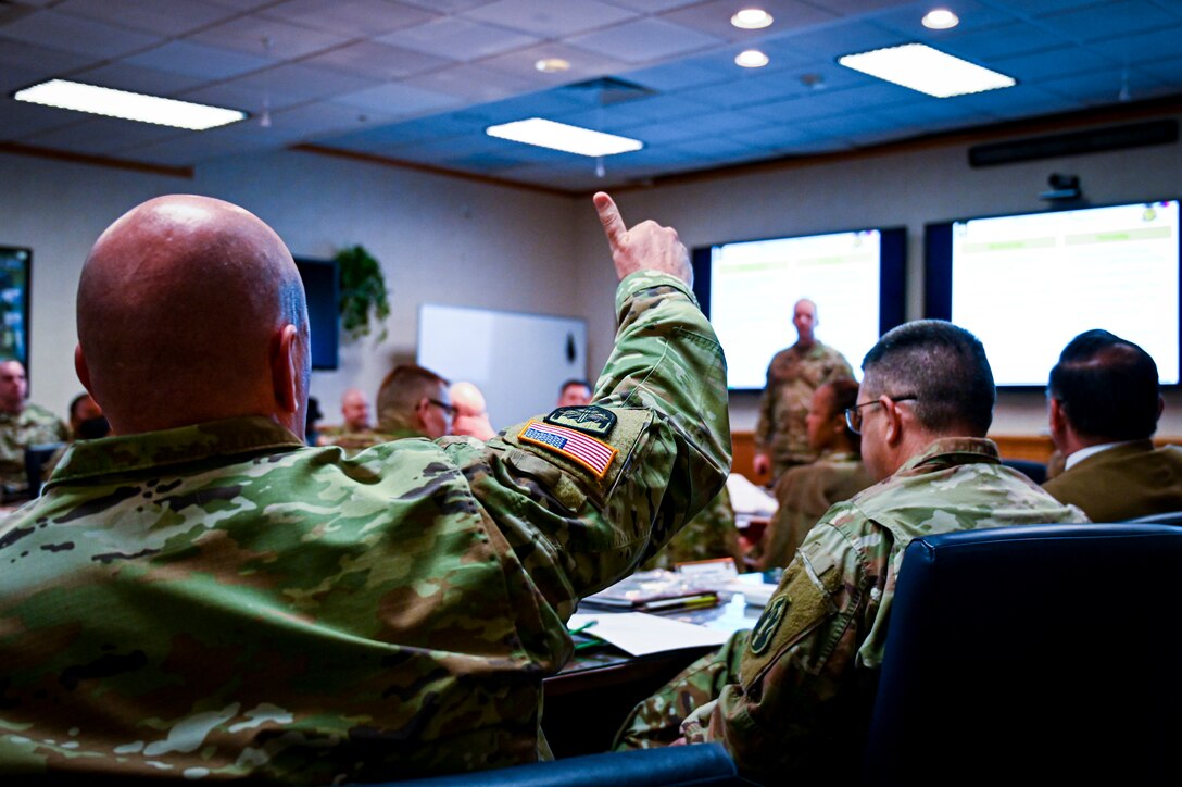 Command Sgt. Maj. Patrick McKie, 63rd Readiness Division, speaks during a Garrison Commanders Conference on March 23, 2022, at Joint Base McGuire-Dix-Lakehurst N.J. The Army Support Activity Fort Dix hosted the conference to allow senior leaders to collaborate and discuss training, infrastructure, quality of life improvements and ways to enhance training capabilities across the U.S. Army Reserve.