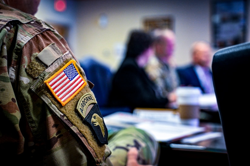Command Sgt. Maj. Patrick McKie, 63rd Readiness Division, views a presentation during a Garrison Commanders Conference on March 23, 2022, at Joint Base McGuire-Dix-Lakehurst N.J. The Army Support Activity Fort Dix hosted the conference to allow senior leaders to collaborate and discuss training, infrastructure, quality of life improvements and ways to enhance training capabilities across the U.S. Army Reserve.