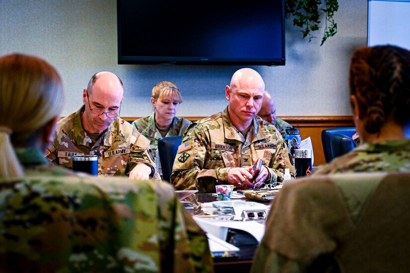 U.S. Army Col. Jon Brierton (Right), Army Support Activity Fort Dix, and U.S. Army Maj. Gen. Rodney Faulk (Left), 99th Readiness Division, attend a Garrison Commanders Conference on March 23, 2022, at Joint Base McGuire-Dix-Lakehurst N.J. The Army Support Activity Fort Dix hosted the conference to allow senior leaders to collaborate and discuss training, infrastructure, quality of life improvements and ways to enhance training capabilities across the U.S. Army Reserve.