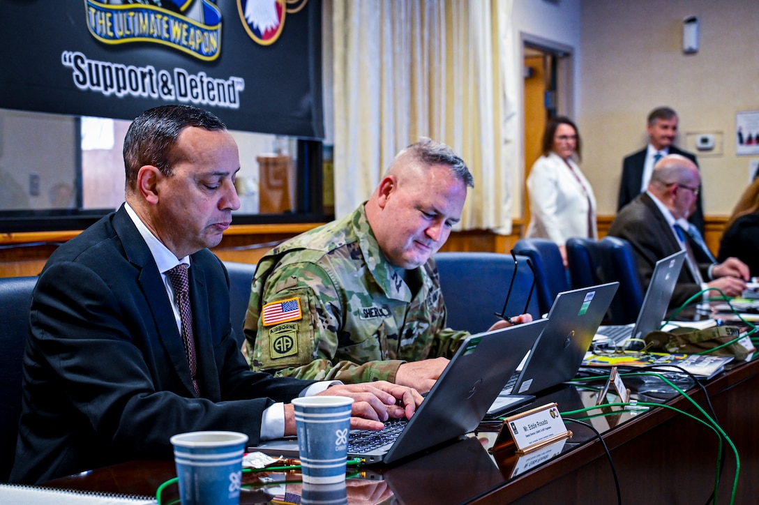 Staff assigned to the U.S. Army Reserve Command review presentations during a Garrison Commanders Conference on March 23, 2022, at Joint Base McGuire-Dix-Lakehurst N.J. The Army Support Activity Fort Dix hosted the conference to allow senior leaders to collaborate and discuss training, infrastructure, quality of life improvements and ways to enhance training capabilities across the U.S. Army Reserve.