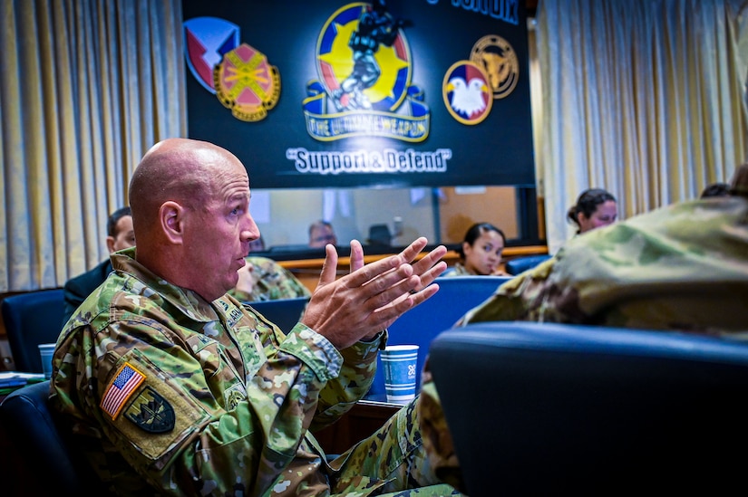 Command Sgt. Maj. Patrick McKie, 63rd Readiness Division, speaks during a Garrison Commanders Conference on March 23, 2022, at Joint Base McGuire-Dix-Lakehurst N.J. The Army Support Activity Fort Dix hosted the conference to allow senior leaders to collaborate and discuss training, infrastructure, quality of life improvements and ways to enhance training capabilities across the U.S. Army Reserve.