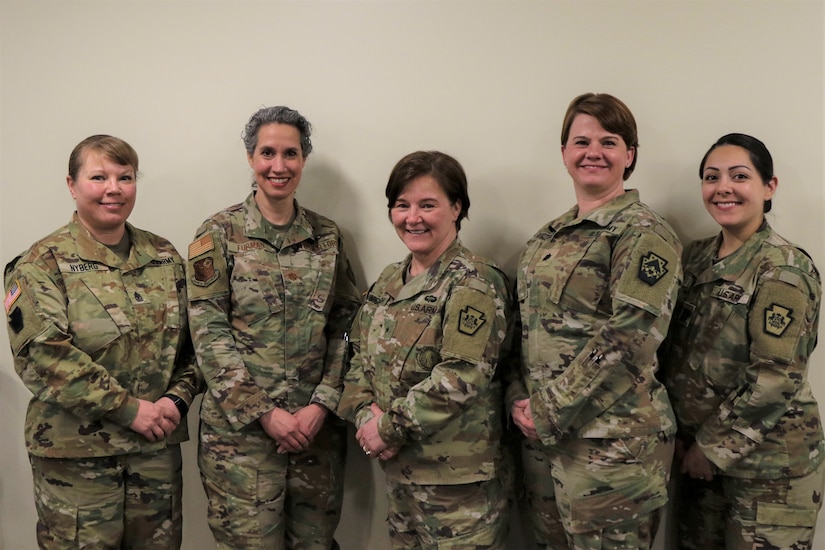 Sgt. Maj. Erika Nyberg, chief medical noncommissioned officer with the 28th Infantry Division Surgeon Cell; Air Force Maj. Ann Furman, 193rd Special Operations Force Support Squadron, 193rd Special Operations Wing; Brig. Gen. Laura McHugh, deputy adjutant general-Army; Lt. Col. Teresa Ruotolo, 213th Regional Support Group deputy commander; and Capt. Alexa Fisher, the Female Special Emphasis Group vice chair, formed the panel at the State Joint Diversity Council’s Female Advancement Special Emphasis Group’s Women’s History Month panel discussion on the evolution of military culture March 23 at Fort Indiantown Gap, Pa.