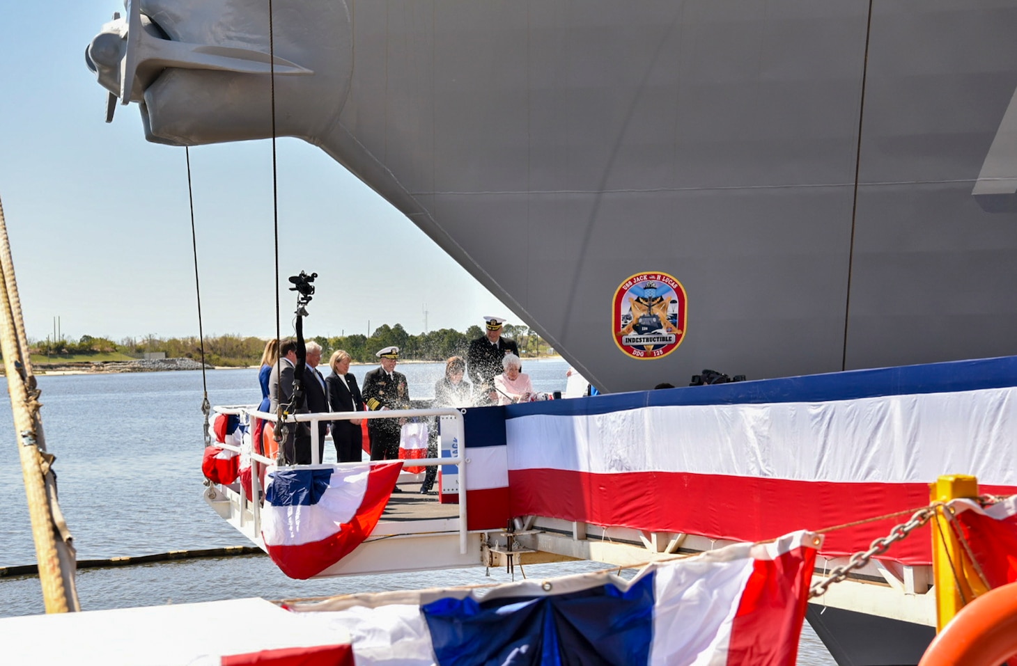 USS Jack H. Lucas (DDG 125) is christened during a ceremony at Huntington-Ingalls Shipbuilding in Pascagoula, Miss.