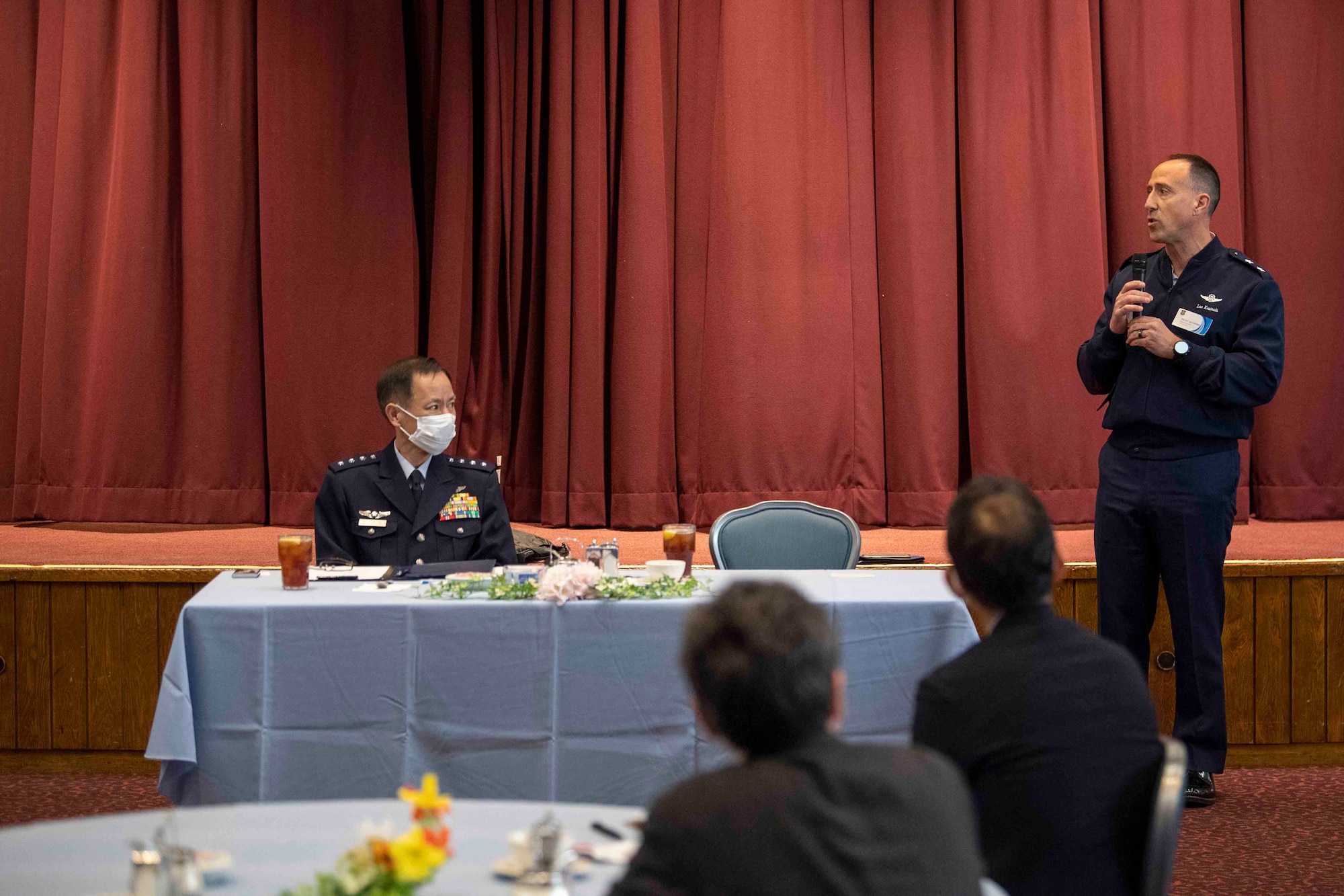 Maj. Gen. Leonard Kosinski, right, 5th Air Force deputy commander, introduces Gen. Shunji Izutsu, left, Japan Air Self-Defense Force (Koku-Jietai) Chief of Staff, during a U.S.-Japan Leadership Program Community Relations Event at Yokota Air Base, Japan, March 19, 2022.