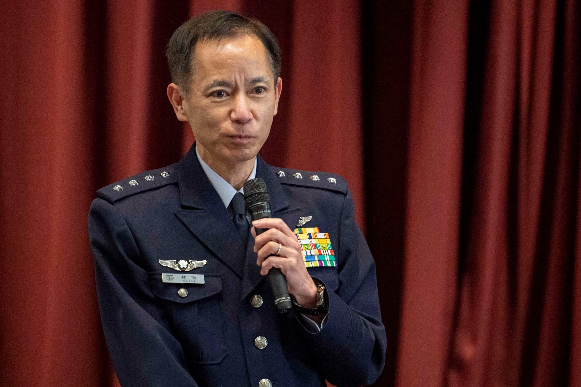 Gen. Shunji Izutsu, Japan Air Self-Defense Force (Koku-Jietai) Chief of Staff, speaks on the importance of leadership and an U.S.-Japan alliance during a U.S.-Japan Leadership Program Community Relations Event at Yokota Air Base, Japan, March 19, 2022.