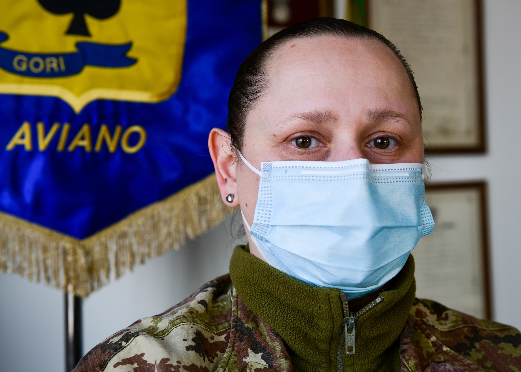 Italian air force Chief Master Sgt. Chiara Melchionno, Italian air force Base Operations Center operator, poses for a photo at Aviano Air Base, Italy, March 10, 2022. Women’s History Month highlights the accomplishments and contributions of women to events in history and contemporary society. The 31st Fighter Wing celebrates Women’s History Month alongside the Italian air force throughout the month of March with events such as a ruck march, luncheon, all-women’s panel and more. (U.S. Air Force photo by Senior Airman Brooke Moeder)