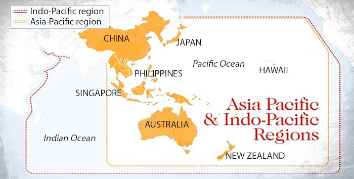 Figure 1. Asia-Pacific and Indo-Pacific. (Source: Bharath Gopalaswamy and Aditya Ramachandran, “The Shifting Balance of Power in the Indo-Pacific,” China-US Focus, 19 Dec 2017, https://www.chinausfocus.com/. )