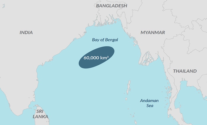 Figure 5. Approximate location of the dead zone. (Source: Jay Benson, “Stable Seas: Bay of Bengal,” Stable Seas (website), January 2020, http://dx.doi.org/10.18289/OEF.2020.044.)