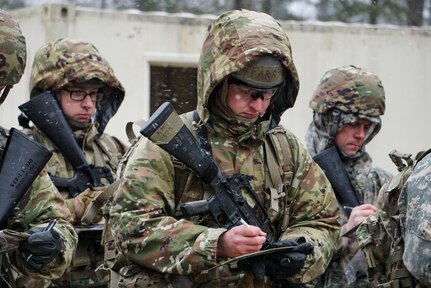 Virginia National Guard Soldiers participate in land navigation training March 12, 2022, at Fort A.P. Hill, Virginia. The training was part of a pre-Officer Candidate School drill weekend for Soldiers interested in attending OCS. (U.S. Army National Guard photo by Maj. Ben Melin)