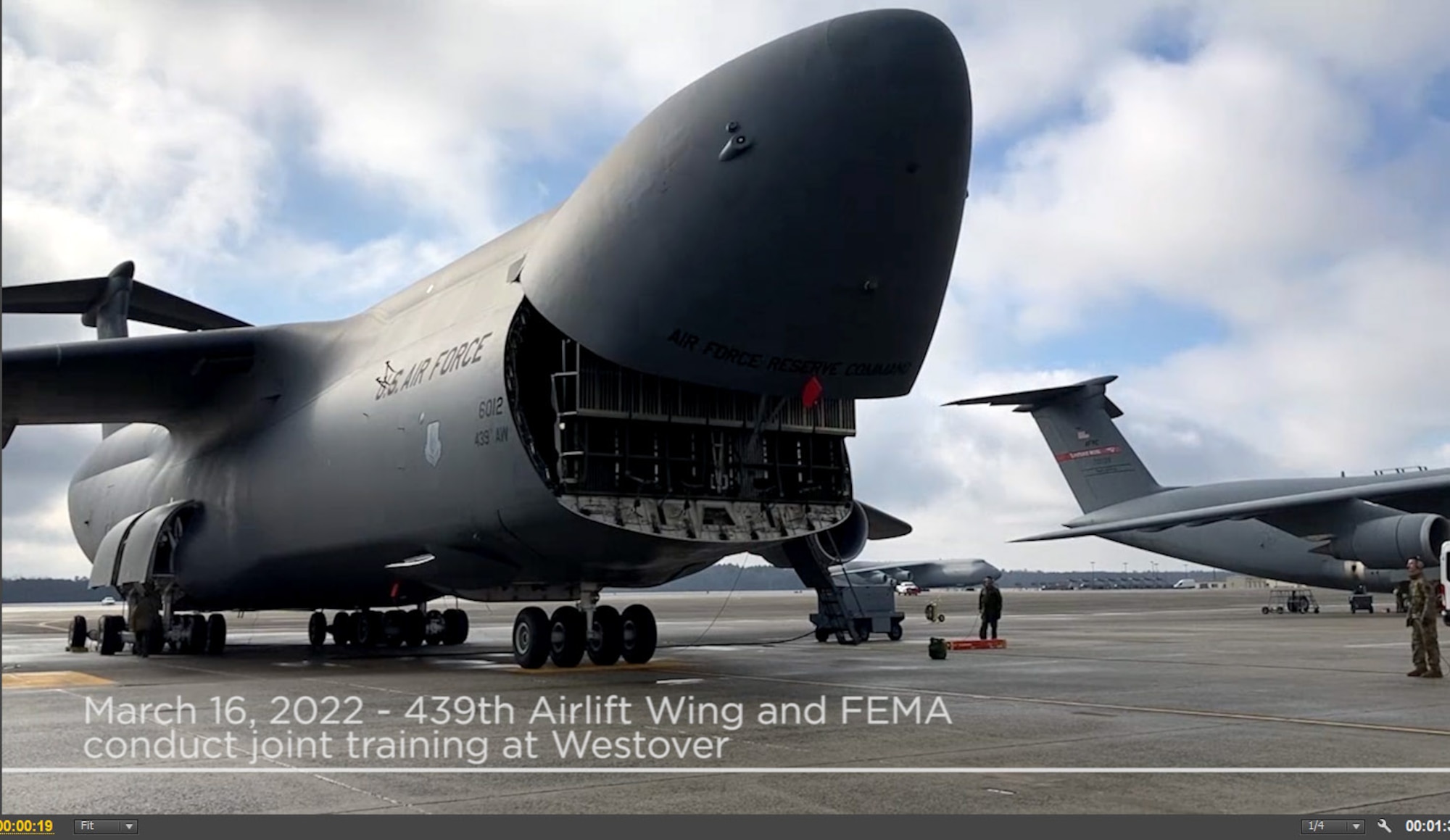 Timelapse of Westover Aerial Porters, Air Crew and FEMA practice loading vehicles on C-5M