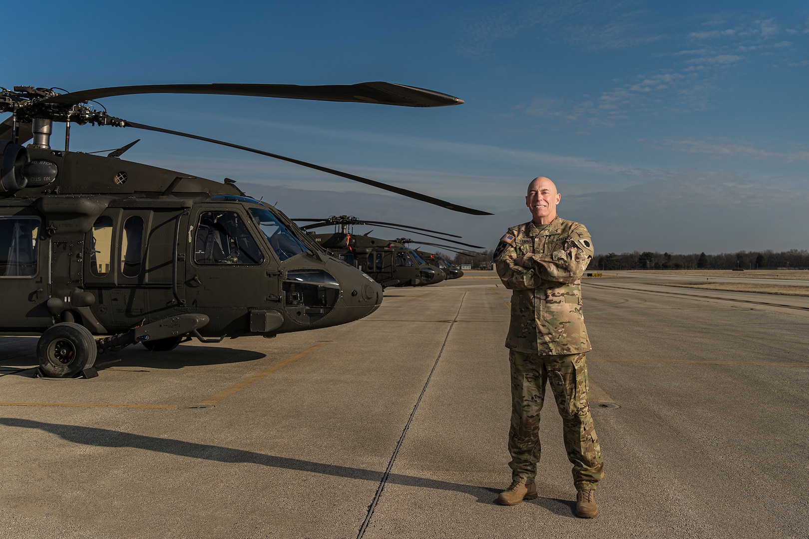 Chief Warrant Officer (5) David Hammon, of Sherman, Illinois, Command Chief Warrant Officer of the Illinois National Guard, poses for a photo prior his final flight as a Black Hawk pilot on March 15 at the Decatur, Illinois Aviation Facility. Hammon retires from the Illinois Army National Guard April 30 after a 42 year career.