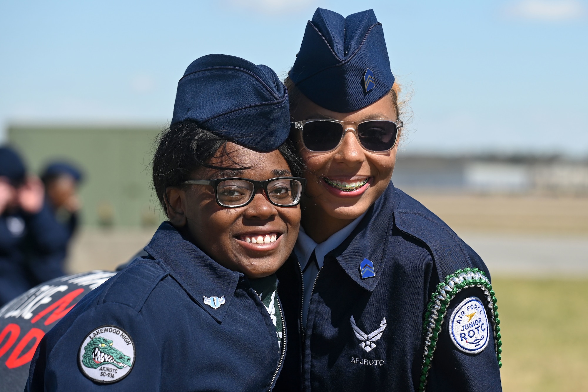 Students from Lakewood High School from Sumter, South Carolina pose for a photo during the annual Top Gun Drill Meet at McEntire Joint National Guard Base, South Carolina, March 26, 2022. High School Junior Reserve Officers Training Corps cadets from twenty high schools from across the state competed in twelve drill and ceremony events sponsored by the South Carolina Air National Guard. (U.S. Air National Guard photo by Tech. Sgt. Megan Floyd, 169th Fighter Wing Public Affairs)