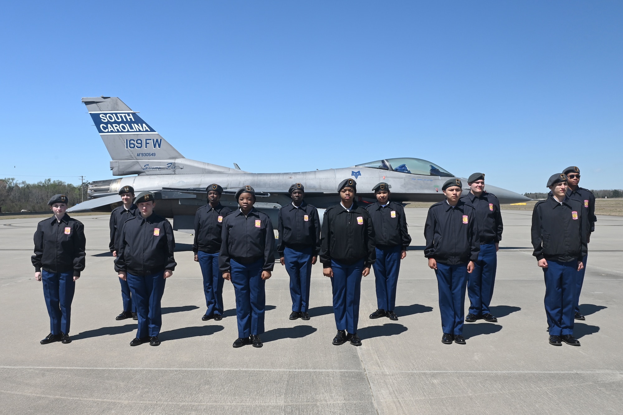 Green Sea High School students from Myrtle Beach, South Carolina pose for a photo during the annual Top Gun Drill Meet at McEntire Joint National Guard Base, South Carolina, March 26, 2022. High School Junior Reserve Officers Training Corps cadets from twenty high schools from across the state competed in twelve drill and ceremony events sponsored by the South Carolina Air National Guard. (U.S. Air National Guard photo by Tech. Sgt. Megan Floyd, 169th Fighter Wing Public Affairs)