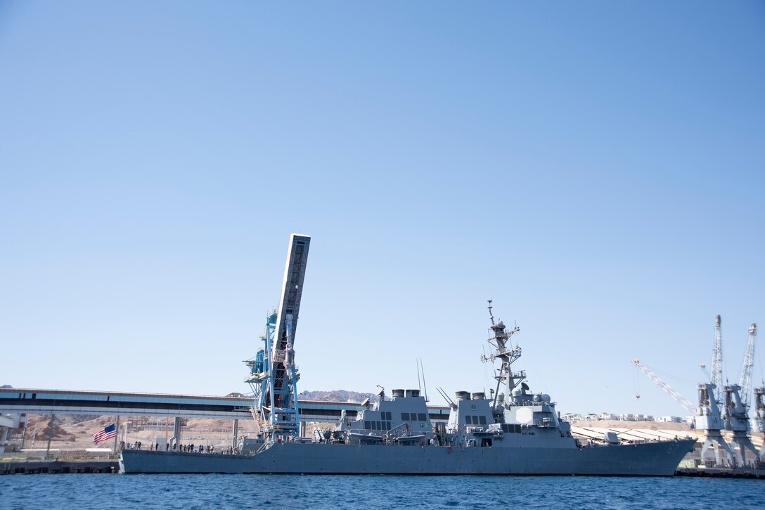 EILAT, Israel (March 27, 2022) Guided-missile destroyer USS Cole (DDG 67) sits pierside in Eilat, Israel, March 27, at the start of Intrinsic Defender, a bilateral exercise between U.S. and Israeli naval forces. Intrinsic Defender focuses on maritime security operations, explosive ordinance disposal, global health engagement and unmanned systems integration. (U.S. Navy photo by Mass Communication Specialist 1st Class Anita Chebahtah)