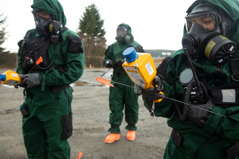 Civil Support Team members from the Alaska and Montana National Guard approach a simulated plane crash to inspect for radioactive contamination during exercise Van Winkle 2022 in Juneau, Alaska, March 23. Van Winkle 2022 is a chemical, biological, radiological, nuclear and explosive response exercise designed to enhance interoperability between state, federal and local first responders with complex training scenarios. Exercise participants included CST units from the Alaska National Guard, Montana National Guard, Connecticut National Guard, Mississippi National Guard and North Carolina National Guard. (U.S. Army National Guard photo by Victoria Granado)