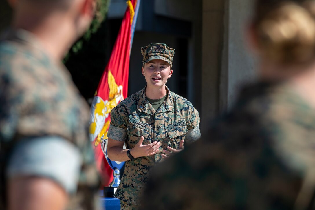U.S. Marine 1st Lt. Riley Compton, the logistics officer with Marine Aviation Logistics Squadron 39, Marine Aircraft Group 39, 3rd Marine Aircraft Wing, addresses fellow Marines after receiving the Camp Pendleton Female Marine Athlete of the Year award during a ceremony on Camp Pendleton, California, March 18, 2022. Compton received this honor after being nominated by her command for her various physical achievements in 2021, including becoming a developmental bobsled pilot for Team USA. Compton is a native of Carmel, Indiana. (U.S. Marine Corps photo by Cpl. Alison Dostie)