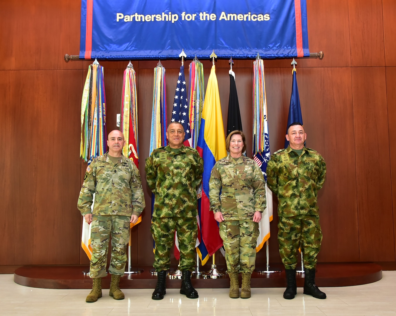 From left to right, U.S. Army Command Sgt. Maj. Benjamin Jones, the Senior Enlisted Leader of U.S. Southern Command; Colombian Gen. Luis Navarro, Colombian Chief of Defense; U.S. Army Gen. Laura Richardson, commander of SOUTHCOM; and Colombian Command Sgt. Maj. Luis Alberto Bueno.