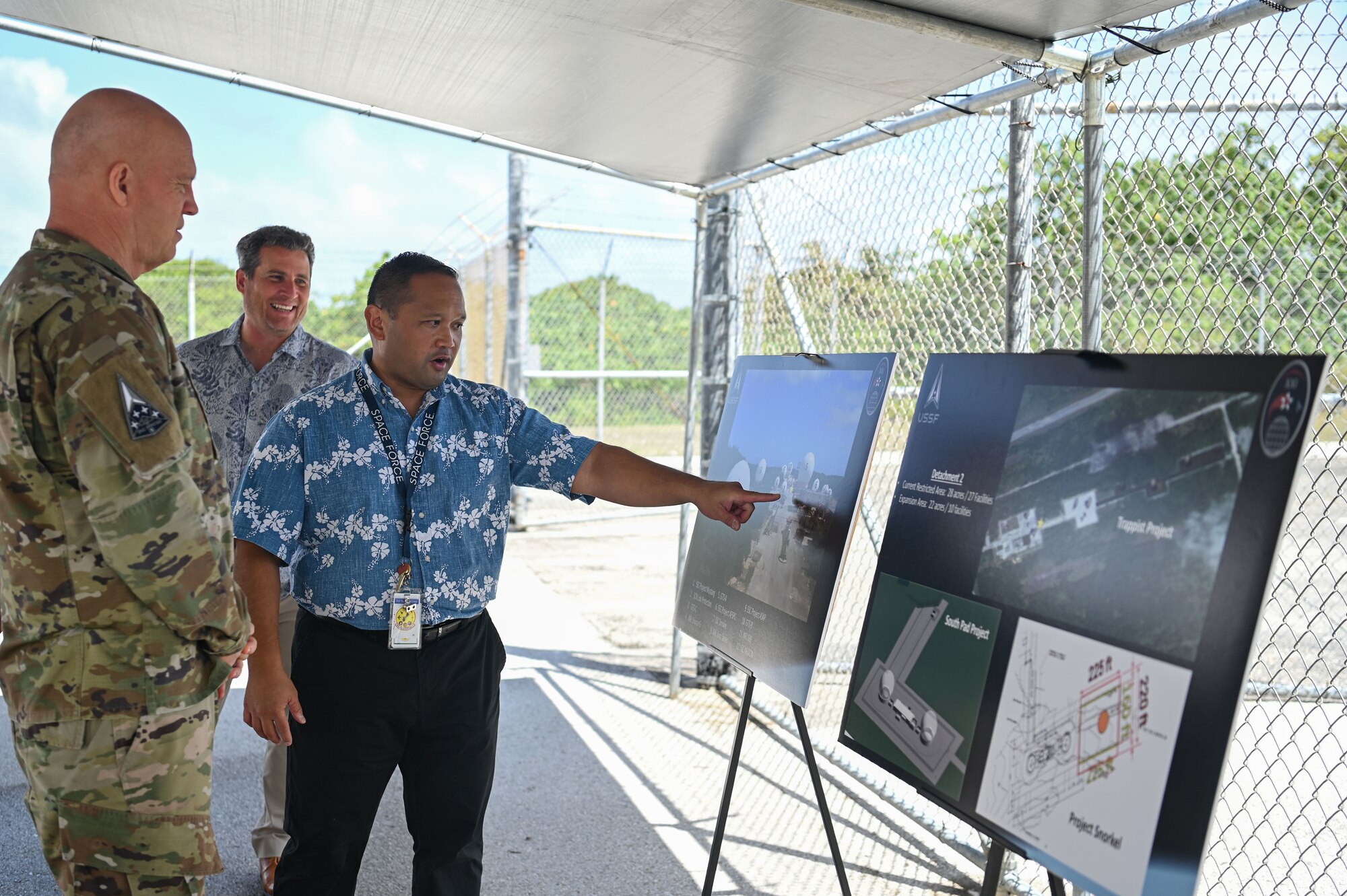 U.S. Space Force Gen. John W. “Jay” Raymond, Chief of Space Operations, receives a tour of Detachment 2, 21st Space Operations Squadron, which has the longest mission at Andersen Air Force Base, Guam, March 26, 2022. During his visit, Raymond met with U.S. Air Force Brig. Gen. Jeremy Sloane, commander of the 36th Wing, received a mission brief, toured the 21st Space Operations Squadron, Detachment 2, and shared lunch with the Airmen, 12 Guardians assigned here and their spouses. (U.S. Air Force photo by Staff Sgt. Aubree Owens)