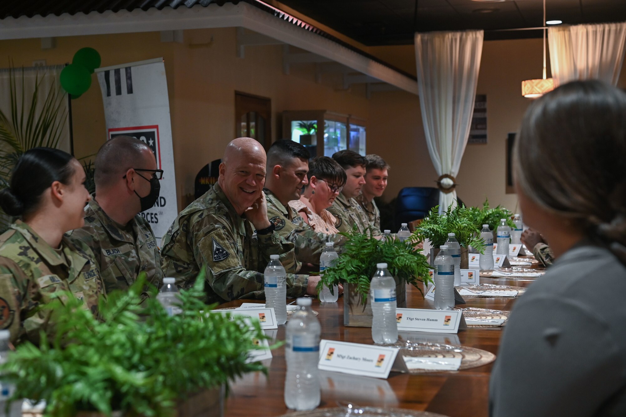 U.S. Space Force Gen. John W. “Jay” Raymond, Chief of Space Operations, meets with 12 Guardians who are assigned to Andersen Air Force Base, Guam, during a tour March 26, 2022. These Guardians transferred from the Air Force to the Space Force over the last 18 months and are awaiting future permanent change of station assignments to USSF units. (U.S. Air Force photo by Staff Sgt. Aubree Owens)