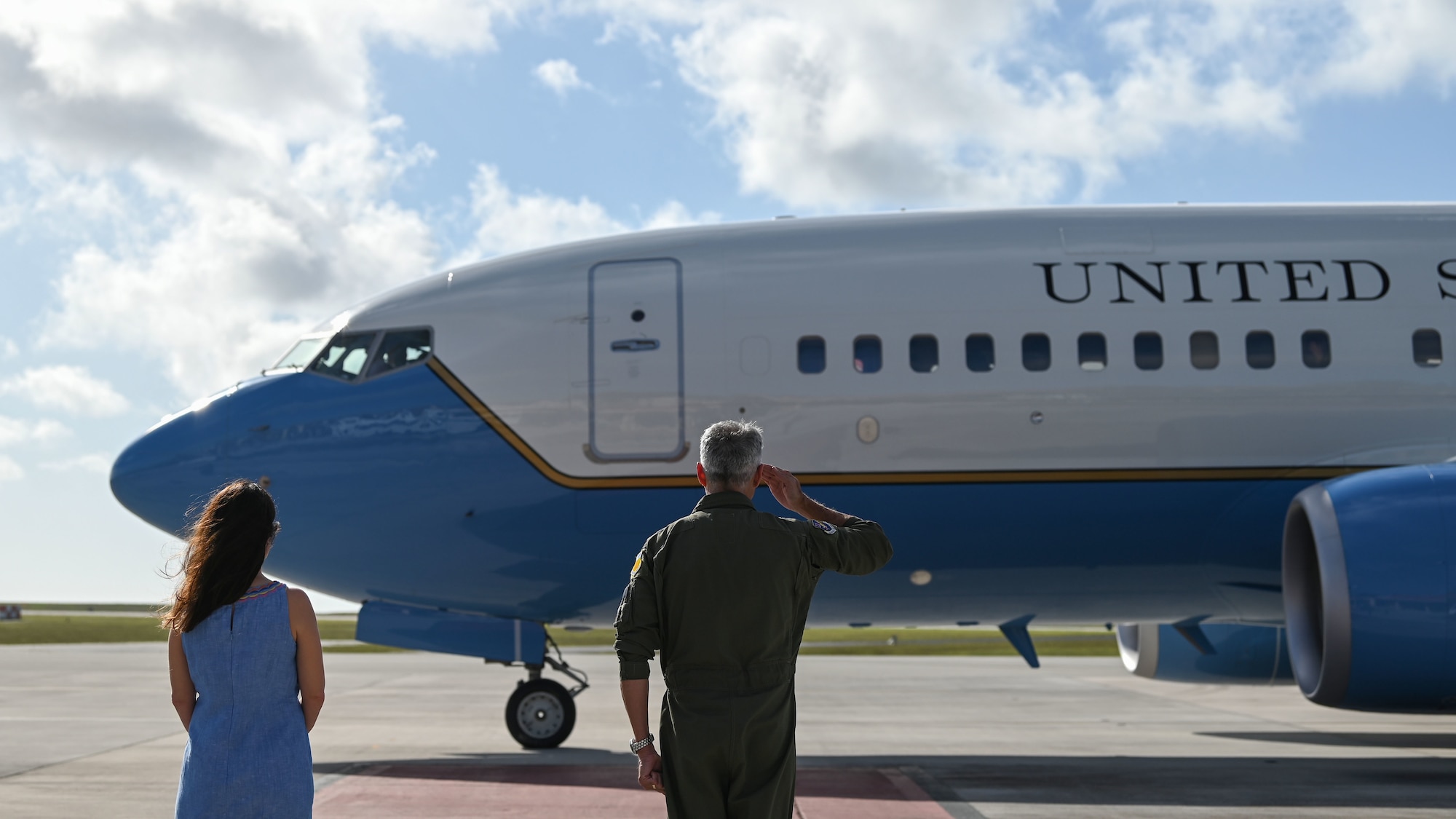 U.S. Air Force Brig. Gen. Jeremy Sloane, commander of the 36th Wing, salutes as U.S. Space Force Gen. John W. “Jay” Raymond, Chief of Space Operations, arrives at Andersen Air Force Base, Guam, March 25, 2022. During his visit, Raymond met with Sloane, received a mission brief, toured the 21st Space Operations Squadron, Detachment 2, and met with Airmen and Guardians stationed at Andersen AFB. (U.S. Air Force photo by Staff Sgt. Aubree Owens)
