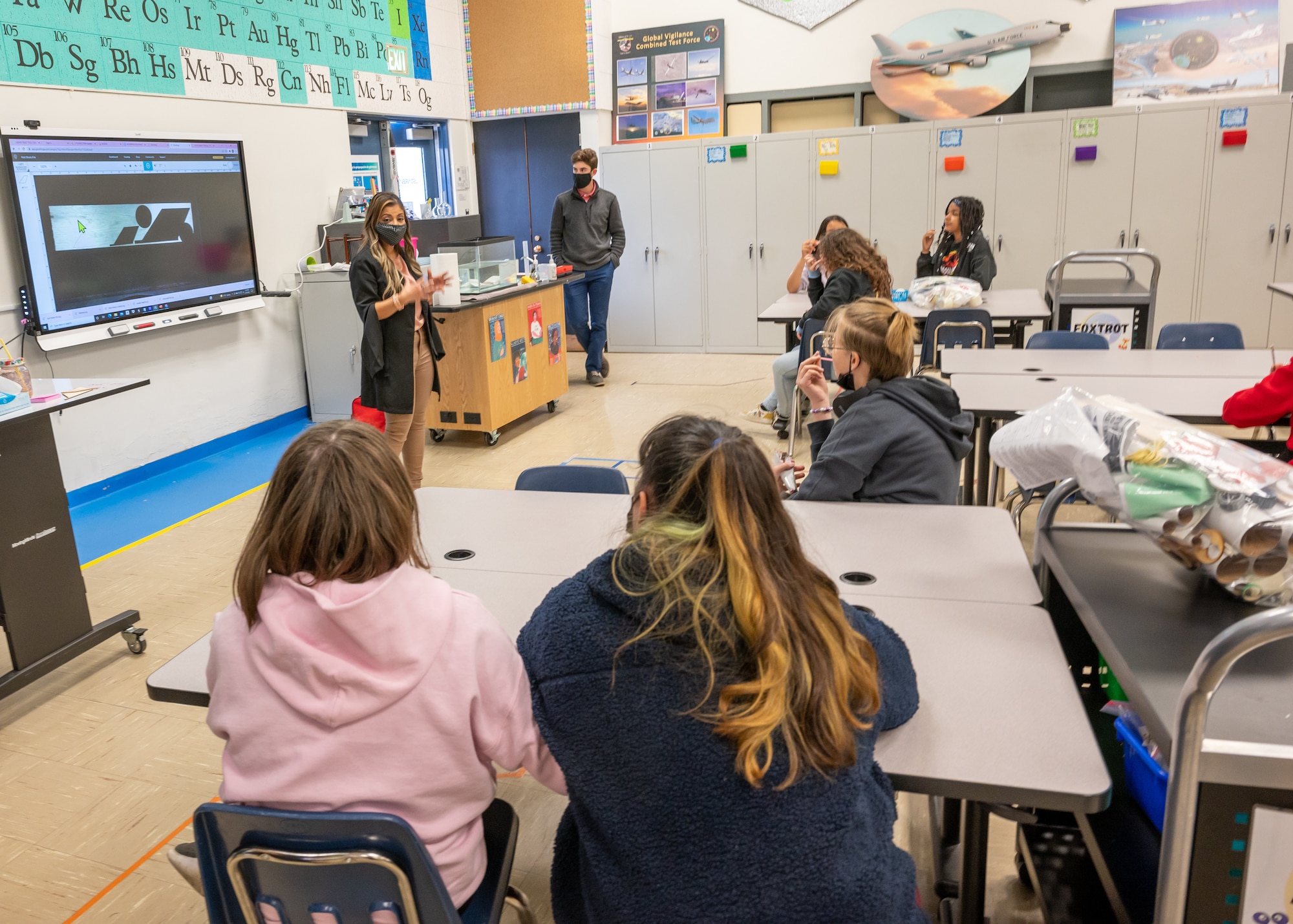 STARBASE Edwards Mighty in STEM Sisters (MiSS) work with girls from local students as they prepare to take part in the American Rocketry Challenge at Edwards Air Force Base, California, Feb. 15 (Air Force photo by Katherine Franco)