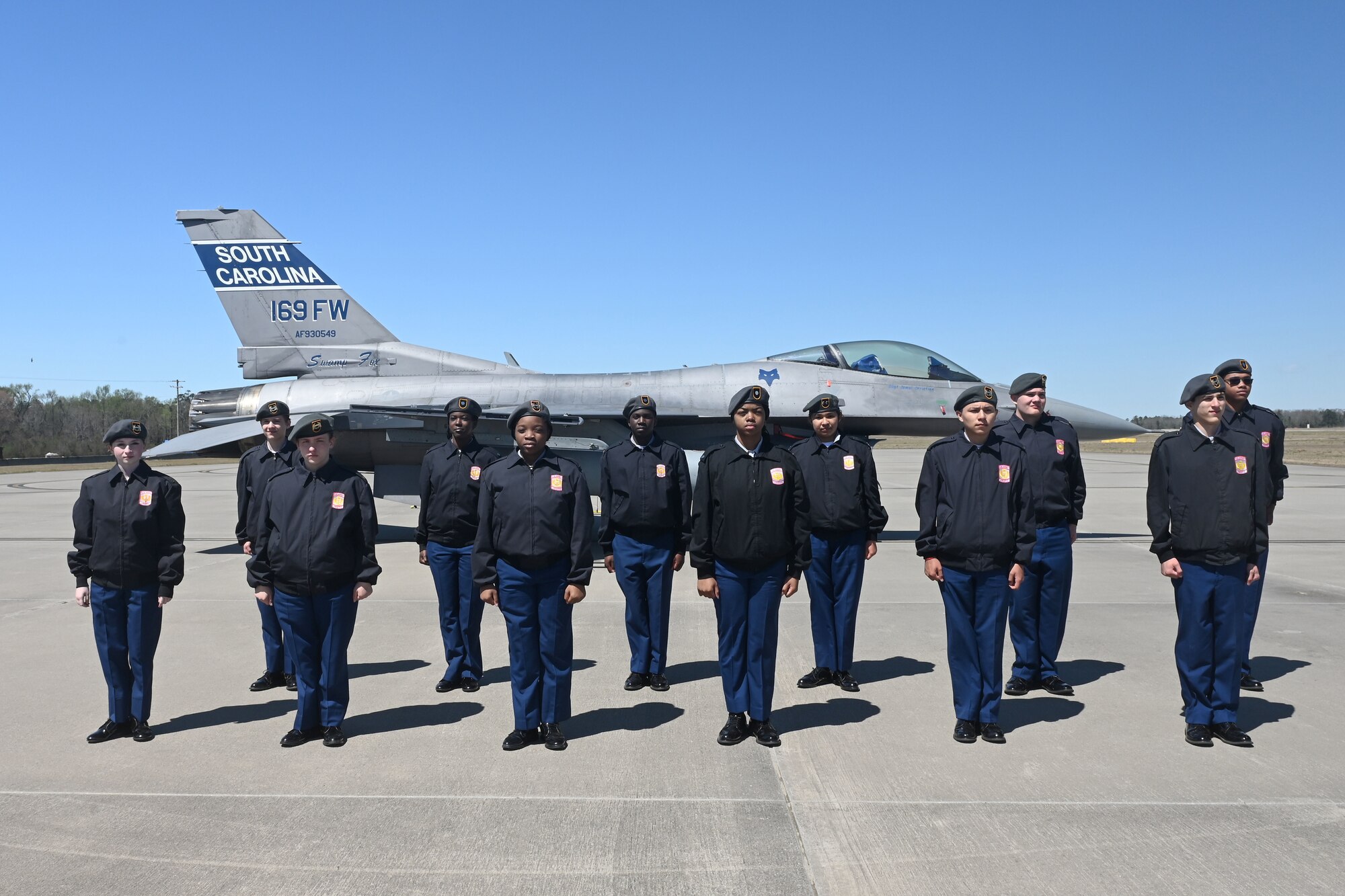 Green Sea High School students from Myrtle Beach, South Carolina pose for a photo during the annual Top Gun Drill Meet at McEntire Joint National Guard Base, South Carolina, March 26, 2022. High School Junior Reserve Officers Training Corps cadets from twenty high schools from across the state competed in twelve drill and ceremony events sponsored by the South Carolina Air National Guard. (U.S. Air National Guard photo by Tech. Sgt. Megan Floyd, 169th Fighter Wing Public Affairs)