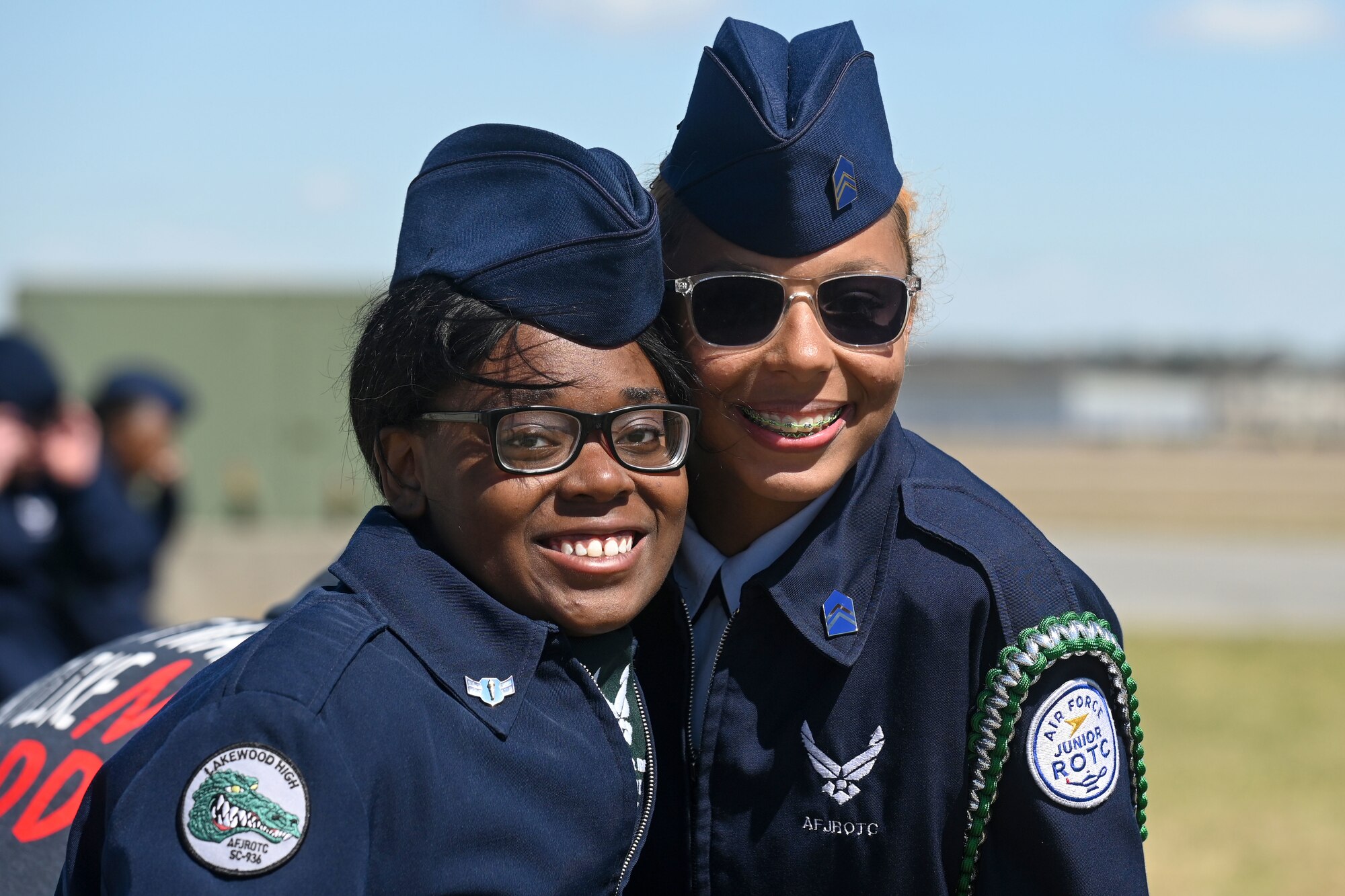 Students from Lakewood High School from Sumter, South Carolina pose for a photo during the annual Top Gun Drill Meet at McEntire Joint National Guard Base, South Carolina, March 26, 2022. High School Junior Reserve Officers Training Corps cadets from twenty high schools from across the state competed in twelve drill and ceremony events sponsored by the South Carolina Air National Guard. (U.S. Air National Guard photo by Tech. Sgt. Megan Floyd, 169th Fighter Wing Public Affairs)