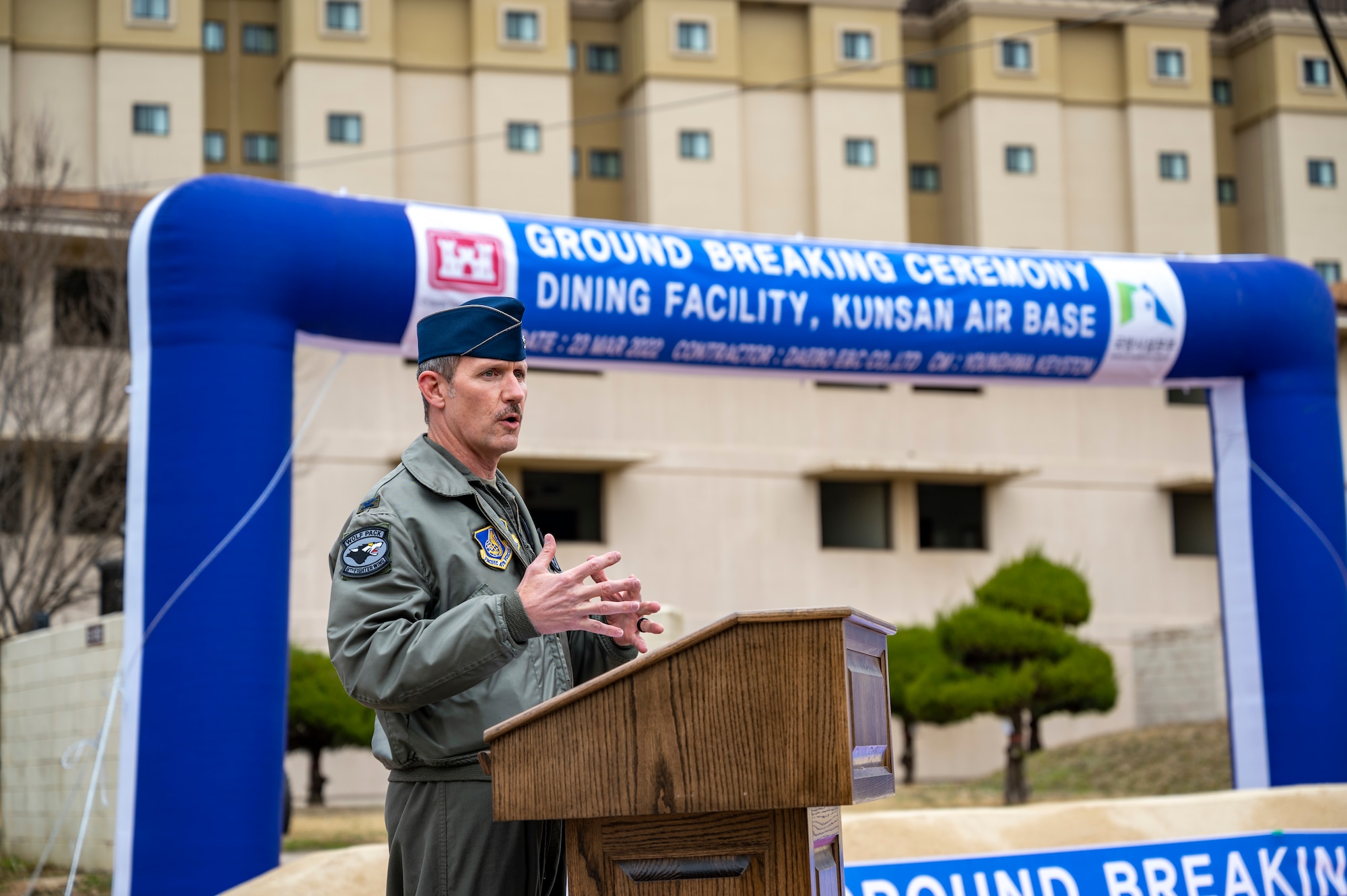 Leadership of the 8th Fighter Wing and Seventh Air Forces officially broke ground for a new dining facility at Kunsan Air Base, Republic of Korea, March 23, 2022.