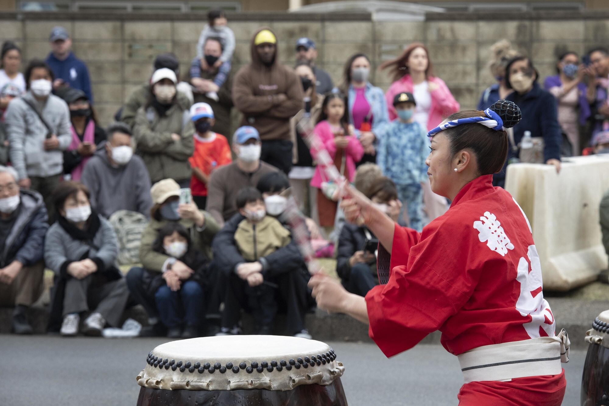 Sakina Saito, Hachioji Jinba Team Taiko drummer, performs for members of the Japanese community and Yokota Air Base during the Sakura Spring Festival March 26, 2022, at Yokota Air Base, Japan.