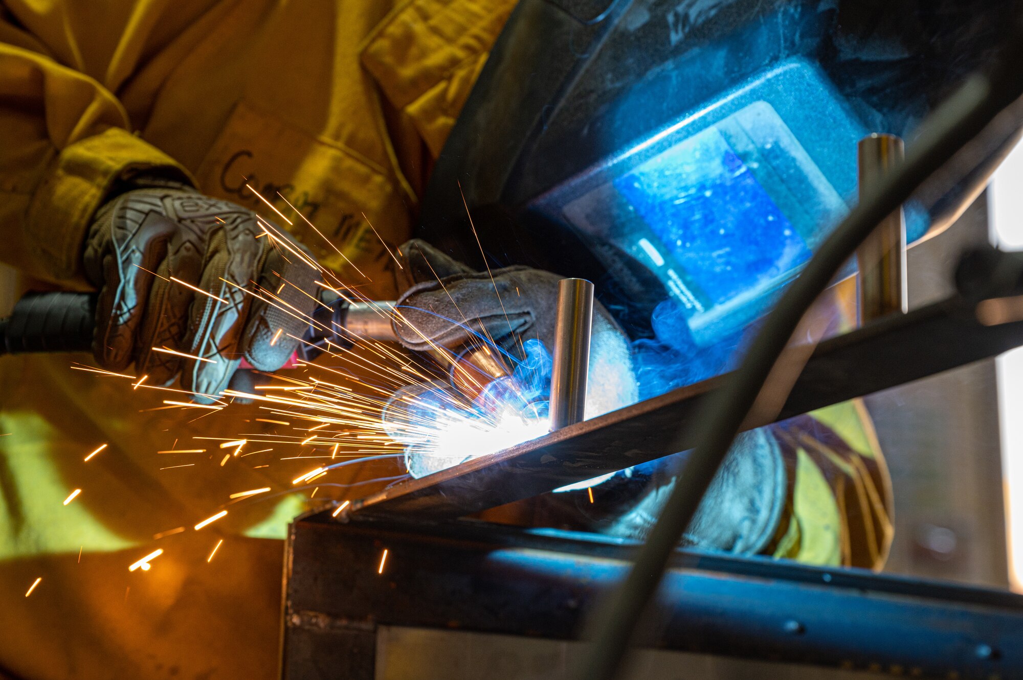 The 4th Expeditionary Special Operations Squadron, Joint Special Operations Air Component Central welds sheet metal at Ali Al Salem Air Base, Kuwait.  The process streamlines accountability and return time to ASAB aircrew.