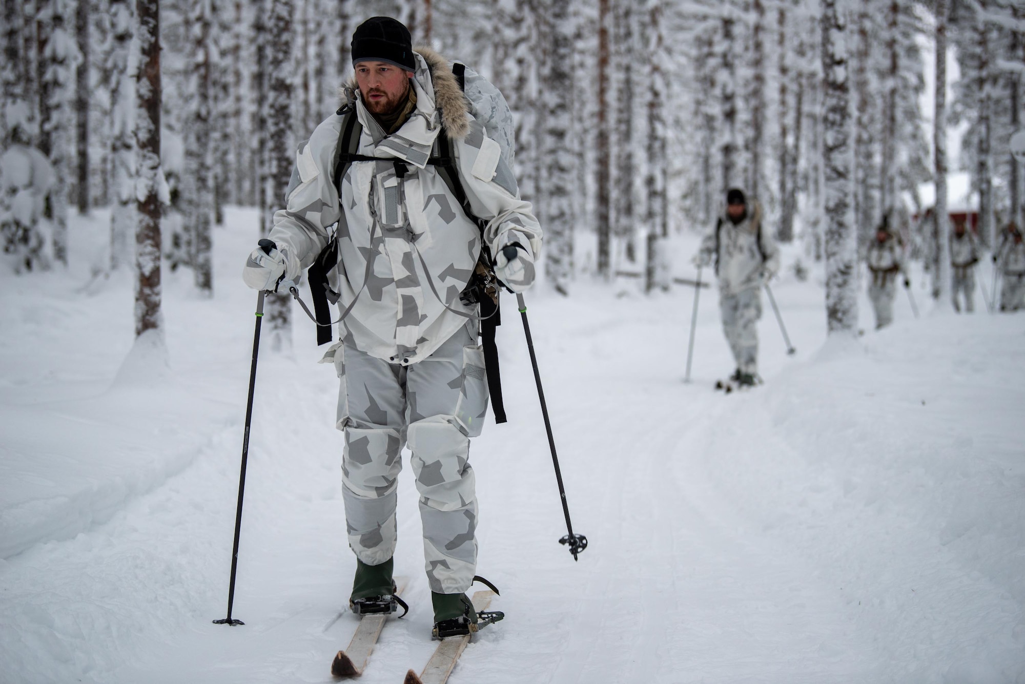 Staff Sgt. Cole Kyser, a pararescueman with the Kentucky Air National Guard’s 123rd Special Tactics Squadron, trains on cross-country skiing basics in Grubbnäsudden, Sweden, Jan. 10, 2022. Fifteen members from the 123rd STS — including combat controllers; pararescuemen; special reconnaissance personnel; search, evasion, resistance and escape troops; and support Airmen — came here to build upon their relationship with European partners during an arctic warfare training course. (U.S. Air National Guard photo by Phil Speck)