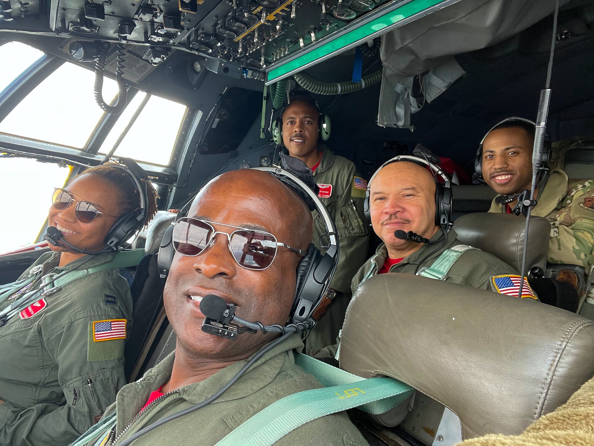 Photo of Airmen from the 165th Airlift Wing flying a sortie with an all-Black crew in remembrance of the Tuskegee Airmen and the barriers broken down by black aviators before them. 