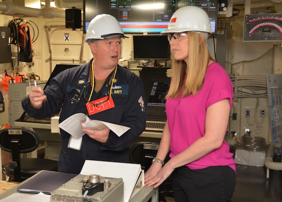 Under Secretary of the Navy and ship sponsor, The Honorable Meredith Berger, tours Pre-Commissioning Unit Fort Lauderdale (LPD 28) during a visit to Huntington Ingalls Shipyard.