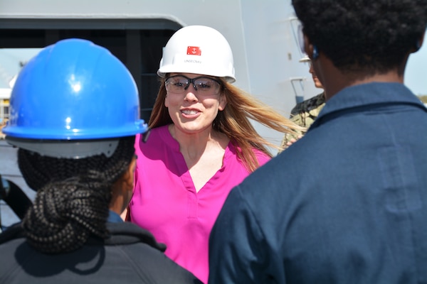 Under Secretary of the Navy and ship sponsor, The Honorable Meredith Berger, tours Pre-Commissioning Unit Fort Lauderdale (LPD 28) during a visit to Huntington Ingalls Shipyard.