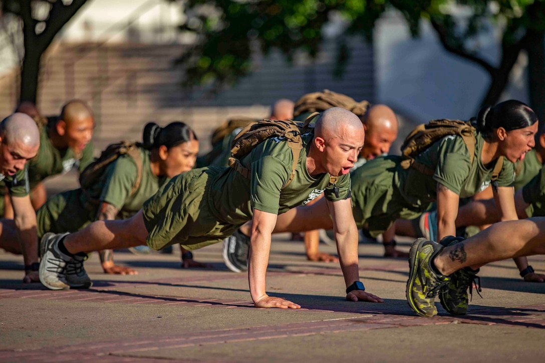 A group of Marines perform planks.