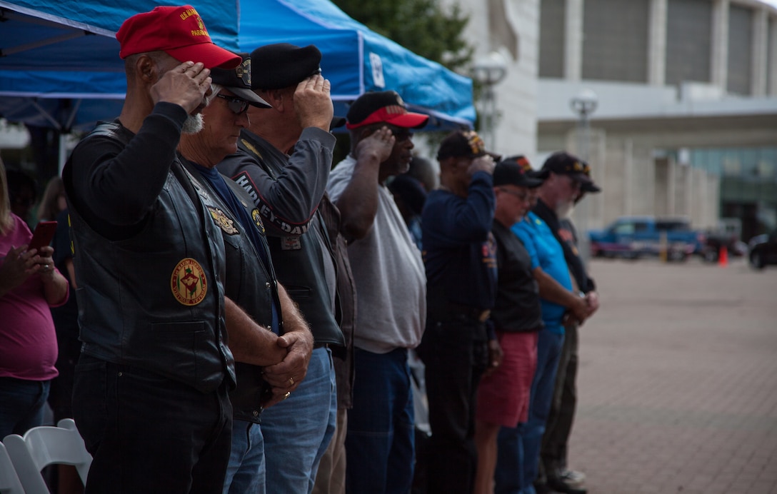 Detroit Vietnam veterans salute to colors during a Vietnam veteran pinning ceremony as part of Marine Week Detroit, Sept. 8, 2017. Marine Week provides an opportunity for the Marine Corps to visit a city that normally doesn’t have opportunities to interact with Marines on a regular basis.