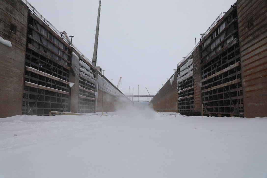 The dewatered Poe Lock in Sault Ste. Marie, Mich., undergoes winter maintenance from January 16 to March 25 every year.