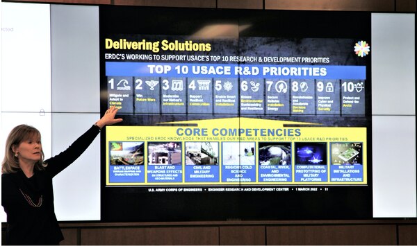 Dr. Beth Fleming, deputy director of the U.S. Army Engineer Research and Development Center (ERDC) gives an overview of core competencies and research priorities at the orientation for ERDC University, which was held on the Waterways Experiment Station in Vicksburg, Mississippi, March 1-2.