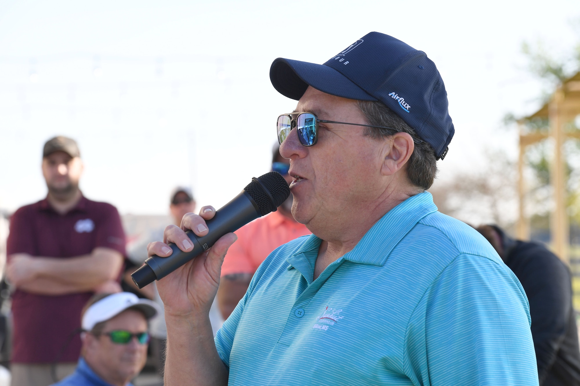 Pat Wylie, Biloxi Bay Chamber member, delivers welcoming remarks during the Don Wylie Memorial Golf Tournament at the Bay Breeze Golf Course on Keesler Air Force Base, Mississippi, March 26, 2022. Keesler won the annual tournament against the Biloxi Bay Chamber of Commerce, which raised funds to help the Military & Veterans Affairs committee honor military members. (U.S. Air Force photo by Kemberly Groue)