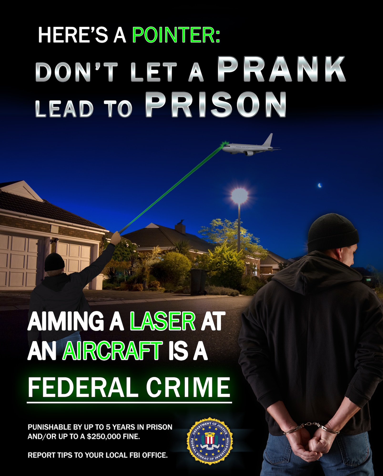Photo depiction of a laser being pointed at an aircraft in flight.