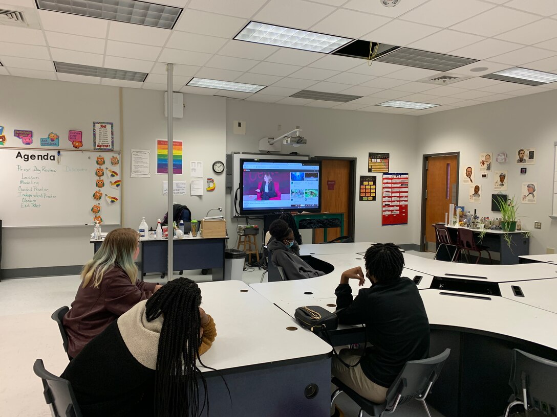 Students at Vicksburg Intermediate School in Vicksburg, Mississippi, tune into ERDC Live from their classroom on March 21, 2022. The live broadcast featured an all-female leadership panel made up of ERDC Commander Col. Teresa Schlosser, ERDC Deputy Director Dr. Beth Fleming and ERDC Associate Director Pat Sullivan. Students from across the Vicksburg-Warren School District tuned in and submitted questions to the segment, which was titled "Women in Innovation: Leading a Better Tomorrow."