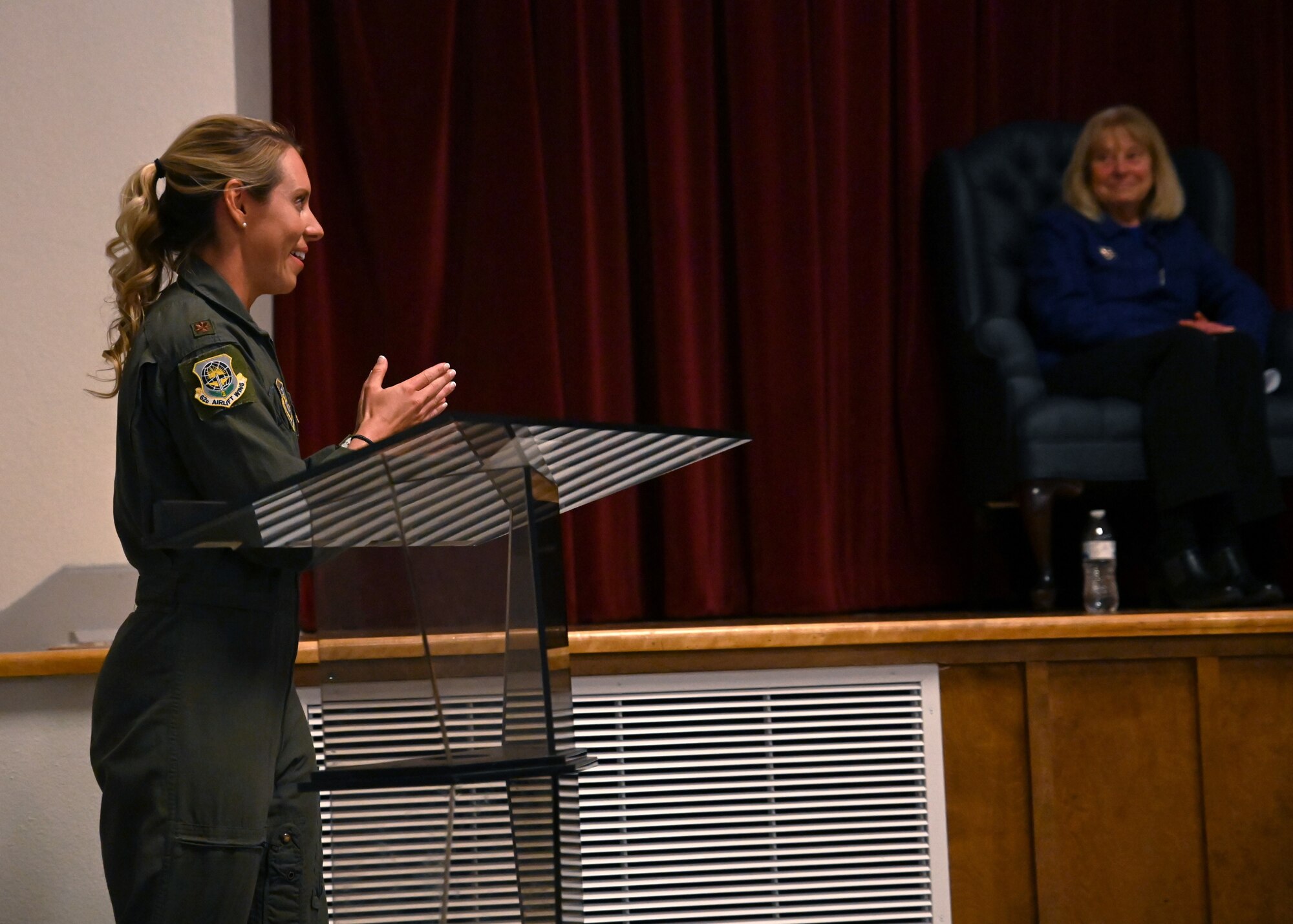 U.S. Air Force Maj. Courtney Vidt, pilot and chief of the commander’s action group with the 62nd Airlift Wing, shares her story on a Women in Aviation panel at Joint Base Lewis-McChord, Washington, March 28, 2022. The panel shared their personal experiences as women in a male-dominated career field in celebration of Women’s History Month. (U.S. Air Force photo by Airman 1st Class Callie Norton)
