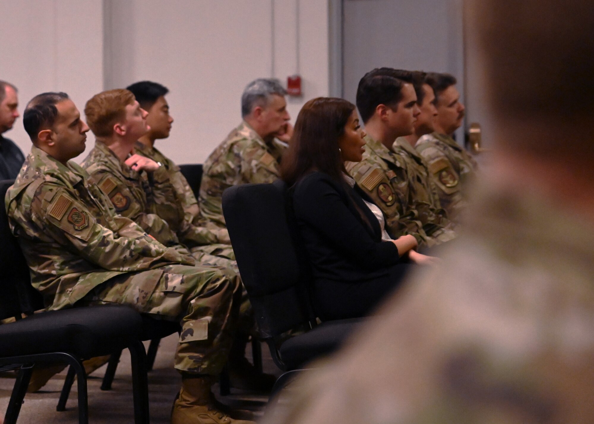 Team McChord personnel sit in the audience of the Women in Aviation panel at Joint Base Lewis-McChord, Washington, March 28, 2022. The panel shared their personal experiences as women in a male-dominated career field in celebration of Women’s History Month. (U.S. Air Force photo by Airman 1st Class Callie Norton)