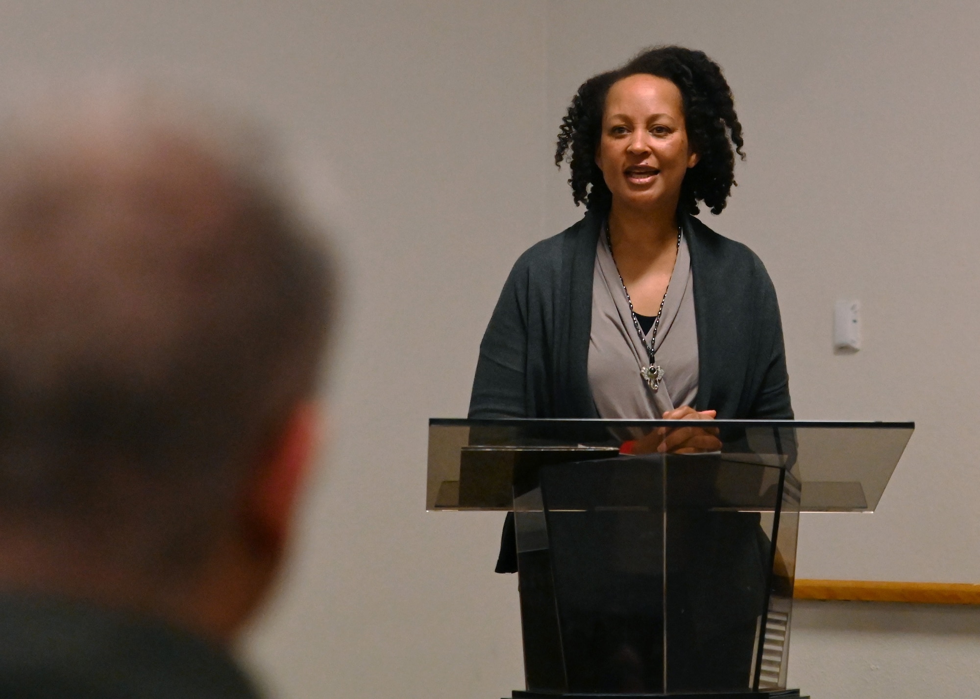 Retired U.S. Air Force Lt. Col. Kimberly Ford shares her story on a Women in Aviation panel at Joint Base Lewis-McChord, Washington, March 28, 2022. The panel shared their personal experiences as women in a male-dominated career field in celebration of Women’s History Month. (U.S. Air Force photo by Airman 1st Class Callie Norton)