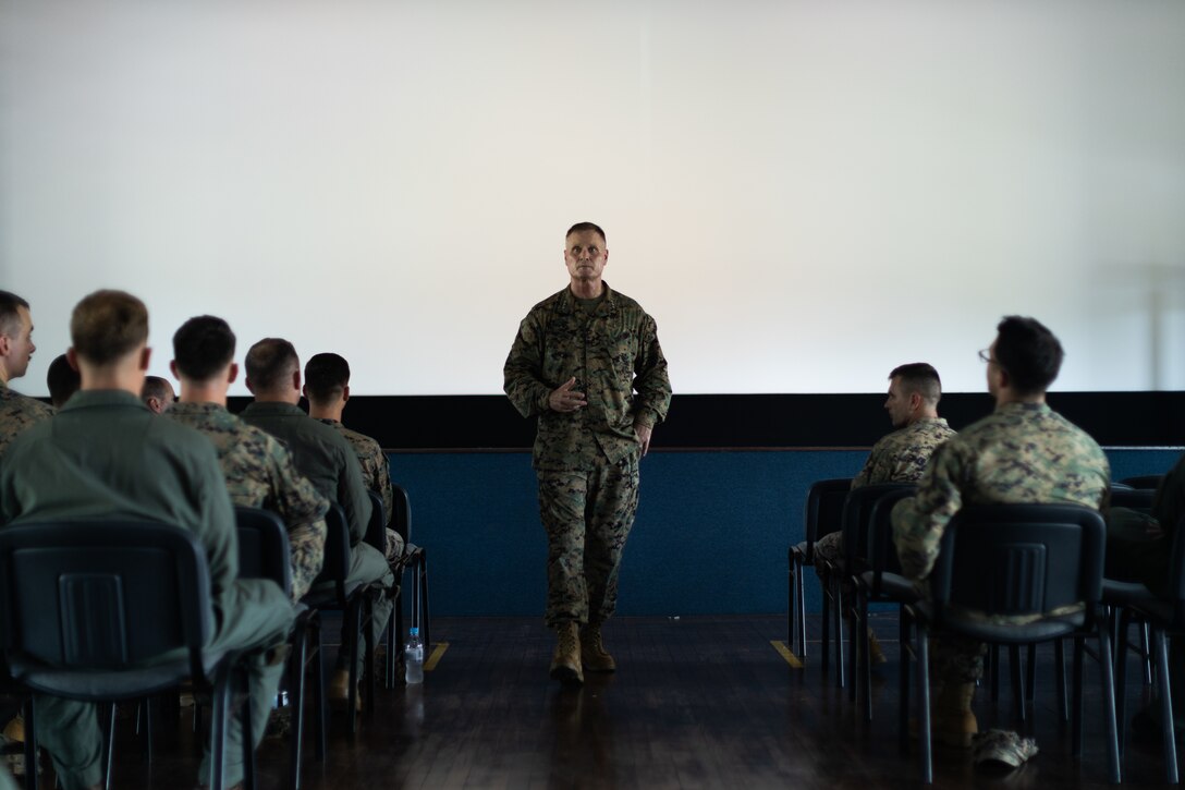 U.S. Marine Corps Lt. Gen. Steven Rudder, commander of Marine Forces Pacific, gives a speech to Marines with Marine Medium Tiltrotor Squadron 268 Reinforced, Marine Rotational Force Darwin 22, at Royal Australian Air Force Base, Darwin, NT, Australia, March 25, 2022. Gen. Rudder spoke about the U.S. and Australia’s commitment to continuing the long standing tradition of global alliance and security cooperation. (U.S. Marine Corps Photo by Cpl. Cedar Barnes)