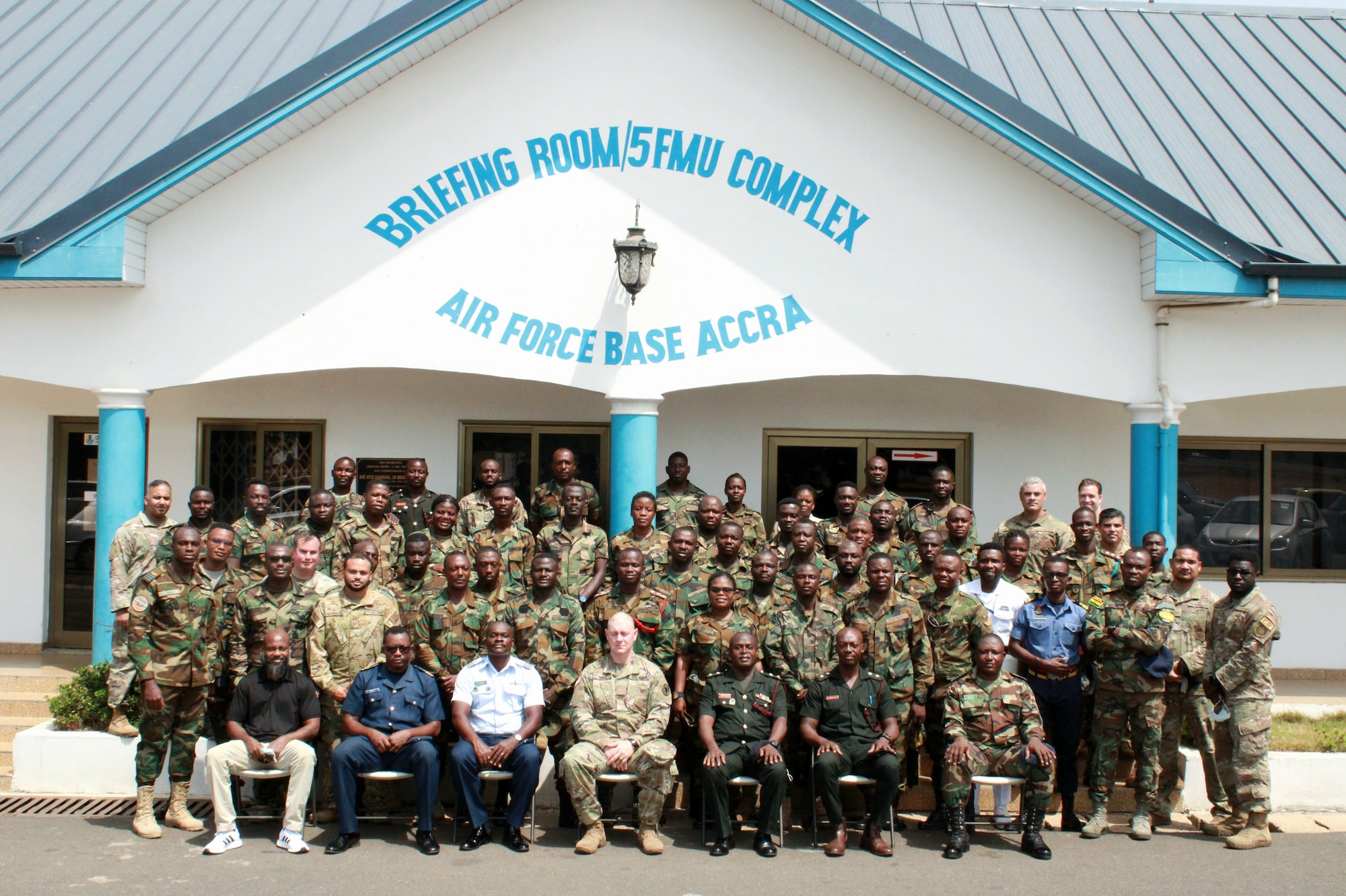 Airmen assigned to the 818th Mobility Support Advisory Squadron pose for a photo commemorating the completion of aeromedical evacuation and cargo handling training with Ghanaian Armed Forces members March 12, 2022, at Air Force Base Accra, Ghana. Air advisors deployed to Ghana in support of the U.S. Africa Command’s African Peacekeeping Rapid Response Partnership Training program to prepare Ghanaian forces for an upcoming U.N. deployment. (Courtesy photo)