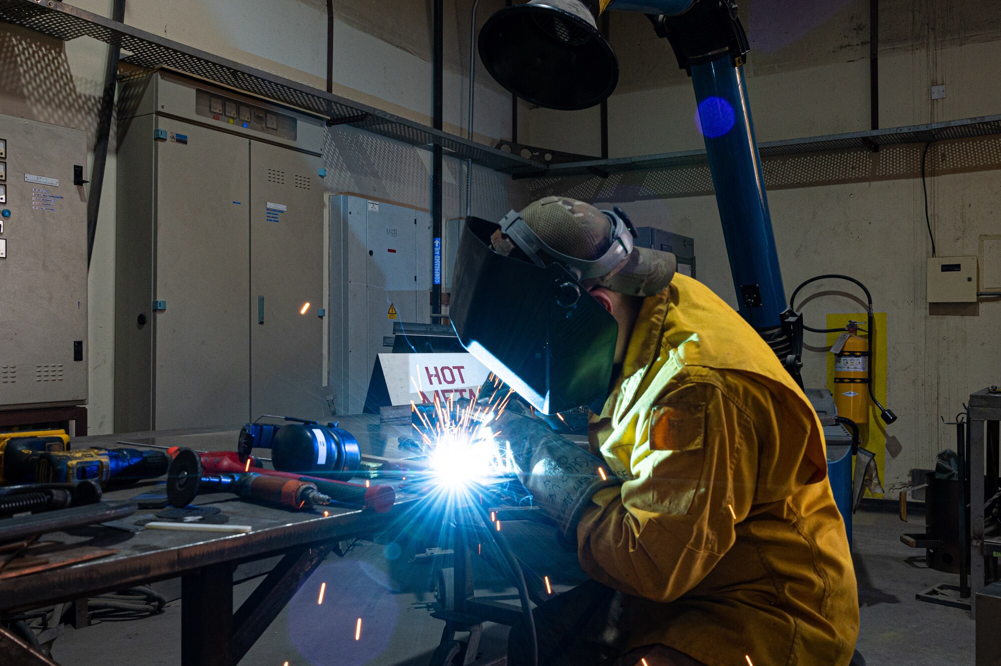 The 4th Expeditionary Special Operations Squadron, Joint Special Operations Air Component Central welds sheet metal at Ali Al Salem Air Base, Kuwait.  The process streamlines accountability and return time to ASAB aircrew.