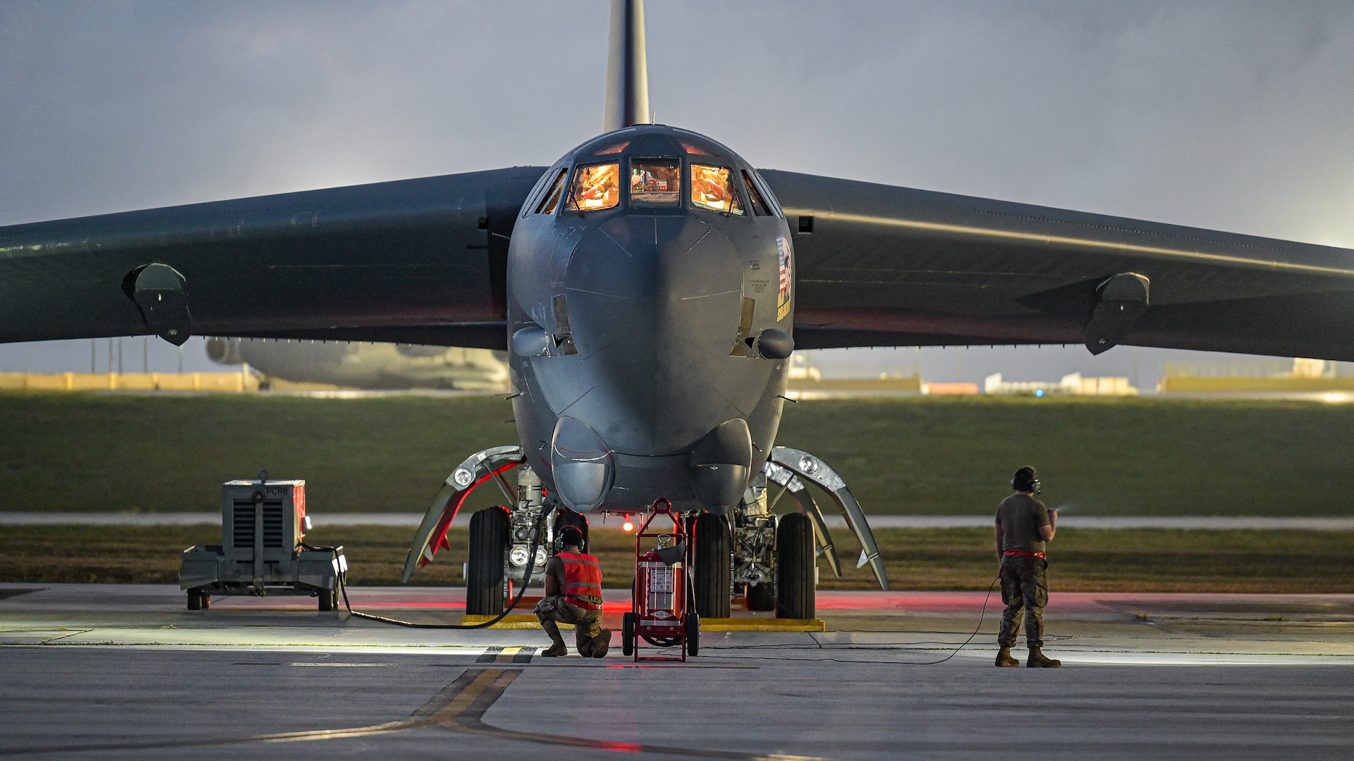 U.S. Air Force Airman 1st Class Lance Lynch, left, and Senior Airman Gregory Hogle, right, 96th Aircraft Maintenance Unit crew chiefs conduct a pre-flight inspection on a B-52H Stratofortress prior to take off from Andersen Air Force, Guam, to support a mission Mar. 4, 2022. Bomber missions contribute to joint force lethality and deter aggression in the Indo-Pacific by demonstrating USAF ability to operate anywhere in the world at any time in support of the National Defense Strategy. (U.S. Air Force photo by Senior Airman Jonathan E. Ramos)